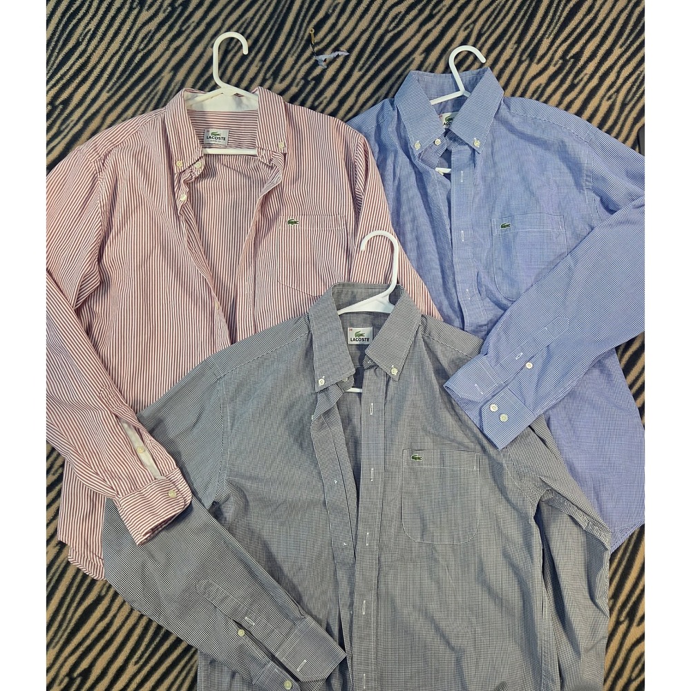 Lacoste Button Down Shirts Bundle 3PK Gingham Striped Mens 39 US 15.5 M